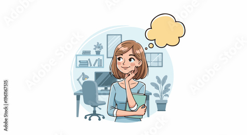 Woman in office thinking, holding a book, with a thought bubble