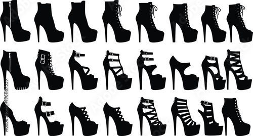 Black silhouette collection of high heel platform boots and stiletto shoes for pole dancing fashion vector icons on white background
