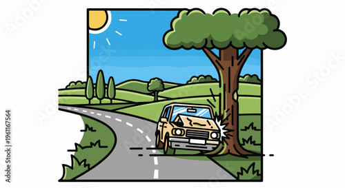 Yellow car crashes into a tree on a winding road in a sunny landscape