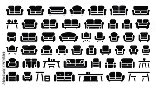 Collection of various furniture silhouettes including sofas chairs tables and desks in black on white background for design and decoration