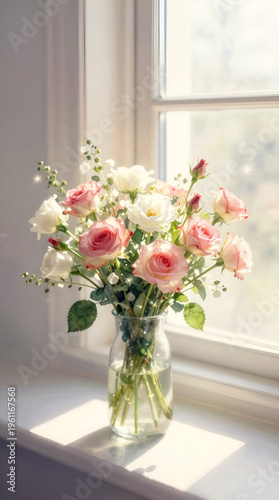 Soft bouquet of flowers shining in sunlight from the window