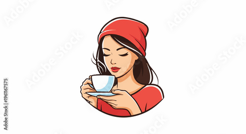 Woman in red hat enjoys a warm cup of coffee, eyes closed in pleasure