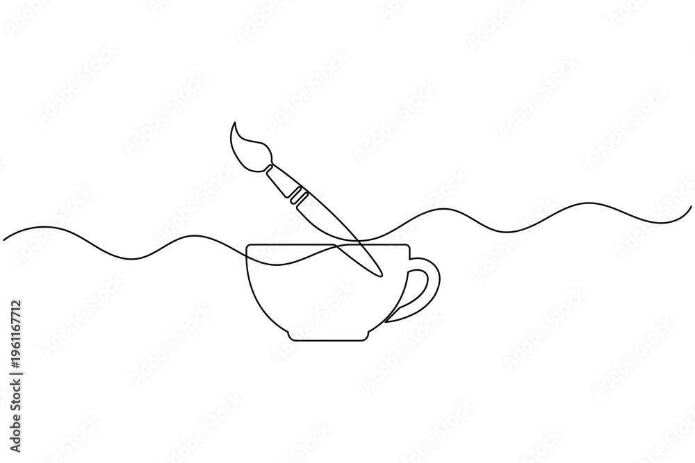 Obraz premium Coffee cup with paint brush continuous one line drawing minimalist cafe mug outline vector illustration