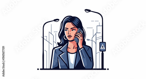 Woman in suit talking on phone on a city street with streetlights and a pedestrian crossing sign