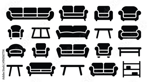 Collection of black furniture icons including sofas armchairs and coffee tables on white background