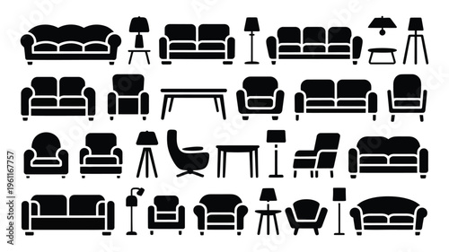 Minimalist furniture silhouette bundle sofas chairs tables lamps on white background for design and decoration