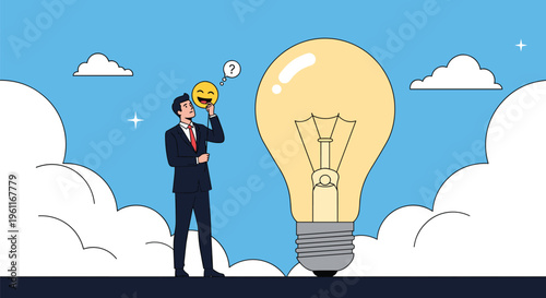 Confused businessman in a suit holding a happy emoji mask while standing next to a giant glowing light bulb idea icon.