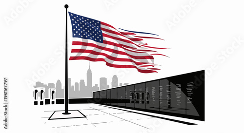 Waving American flag over a memorial wall with city skyline backdrop