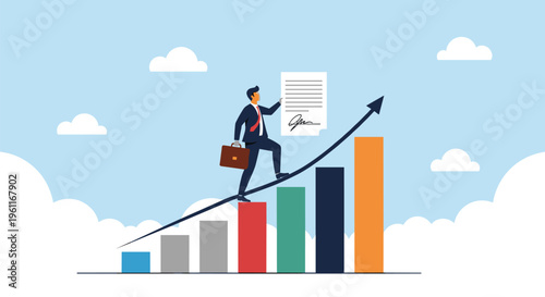 Motivated businessman in a formal suit climbing a bar graph toward the top while holding a signed legal contract.