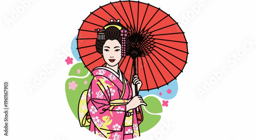 Woman in traditional Japanese kimono holding a vibrant red umbrella, surrounded by floral motifs