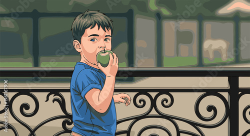 Young boy eating green apple outdoors, standing by a decorative railing