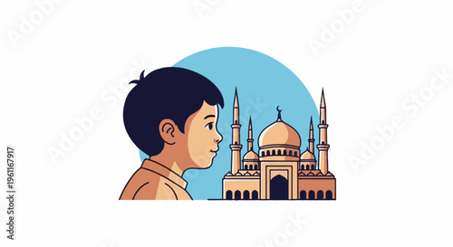 Young boy gazes at a mosque under a blue sky