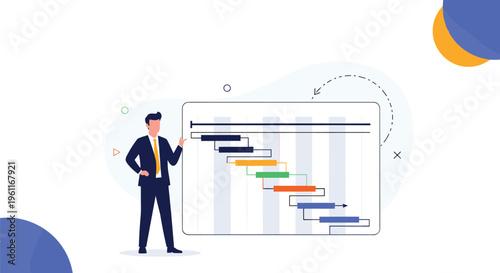 Professional businessman in a suit pointing toward a project management Gantt chart on a large white presentation board.