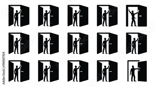 Collection of 12 entrepreneurs stepping out of doorways in black silhouette on white background symbolizing business success and new opportunities