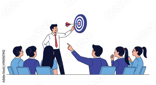 Confident businessman in a formal suit presenting a target board with an arrow to an attentive audience in a room.