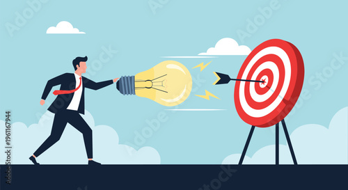 Strategic businessman in a suit throwing a glowing light bulb idea toward a red bullseye target with a black arrow.
