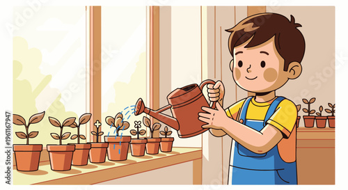 Young boy happily watering plants in terracotta pots on a sunny windowsill