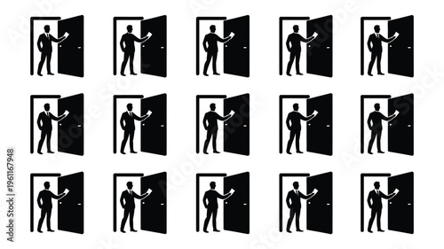 Collection of silhouette entrepreneurs opening doors to new opportunities