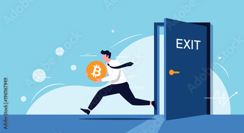 Hurrying businessman in a suit carrying a large bitcoin coin while running toward a blue exit door in a hurry.