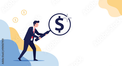 Focused businessman in a suit examining a large dollar sign through a magnifying glass for financial investigation.