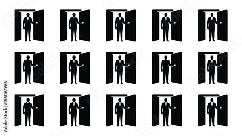 Collection of businessman silhouettes stepping out of doors in black and white
