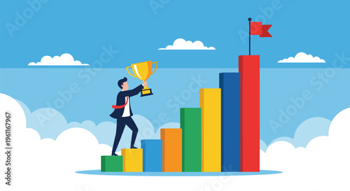 Triumphant businessman in a suit climbing a colorful bar graph while holding a golden trophy to reach a red flag.