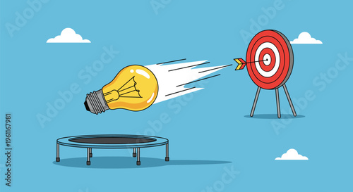 Creative light bulb idea bounces off a trampoline to hit a target bullseye for successful business strategy and goal achievement.