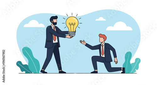 Inspiring businessman in a suit handing a large glowing light bulb idea to a younger man on one knee during a mentor session.
