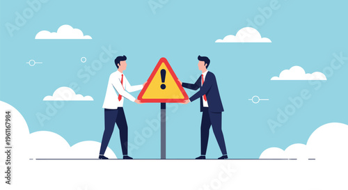 Two professional business people in suits holding a giant yellow warning sign with a black exclamation mark symbol.