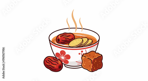 Warm, steaming bowl of amber broth with jujubes and ginger slices, beside a cube of brown sugar