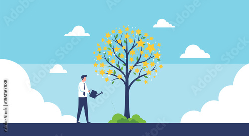 Nurturing businessman in a suit watering a large green tree that is full of glowing golden stars in its branches.