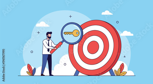 Focused businessman in a suit using a magnifying glass to find a golden key hidden inside a red bullseye target.