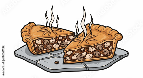 Warm, steaming savory pies with mushrooms and meat chunks on a platter