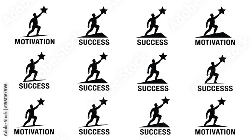 Bundle of 12 motivation and success silhouettes with stars and text on white background