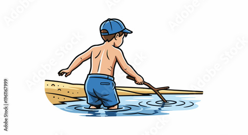 Young boy in blue shorts and cap plays in shallow water with stick