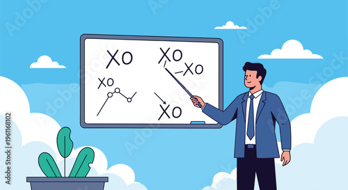 Professional man in a suit using a pointer to explain a business strategy and charts on a large whiteboard in an office.