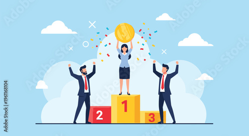 Successful woman standing on the first place winner podium holding a giant gold coin while two men celebrate her financial victory.