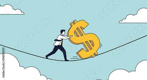 Risk-taking businessman carefully balancing while walking on a tightrope across the sky while pushing a massive golden dollar coin.