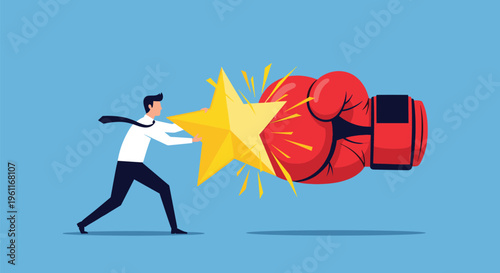 Courageous businessman using a large golden star to push back against a giant red boxing glove representing overcoming competition.