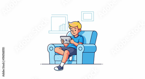Young boy relaxing on a blue armchair, engrossed in a tablet device