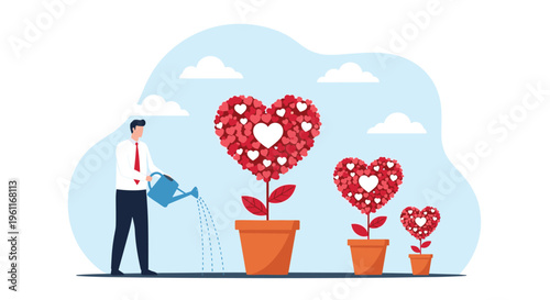 Caring businessman watering growing plants with heart-shaped leaves in pots to represent nurturing love and relationship growth.