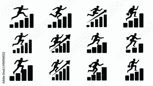 Collection of 12 entrepreneurship success icons featuring silhouettes running up bar graphs with arrows
