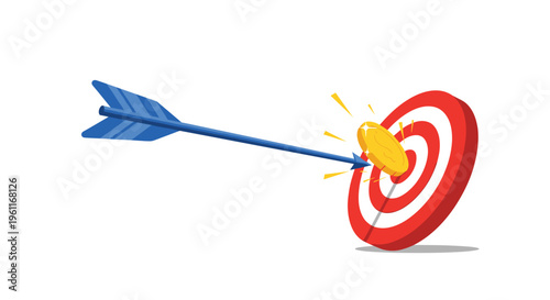 Precise blue arrow hitting a golden coin right in the center of a red target bullseye for perfect financial goal achievement.