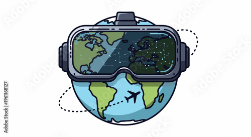 Virtual reality headset overlays a digital world map onto the planet