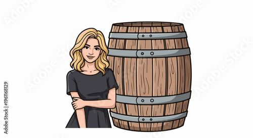 Woman leans against a wooden barrel