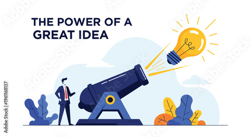 Large blue cannon shooting a bright yellow light bulb into the air representing the power and impact of a great creative idea.