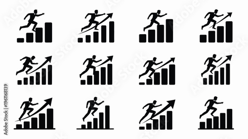 Collection of entrepreneurship success icons with running figures and growing bar graphs on white background