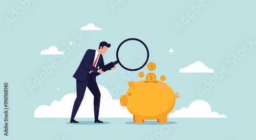 Curious businessman using a large magnifying glass to inspect a golden piggy bank with coins representing financial auditing.