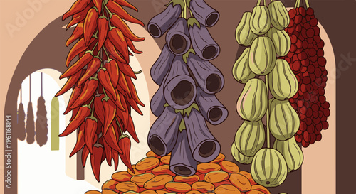 Vivid illustration of hanging chilies, eggplants, gourds, and dried fruits