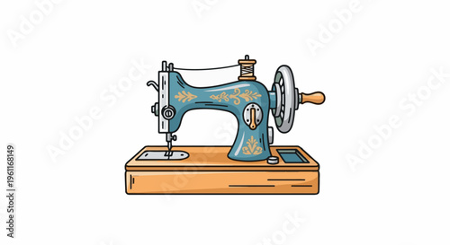 Vintage sewing machine with decorative blue body and wooden base